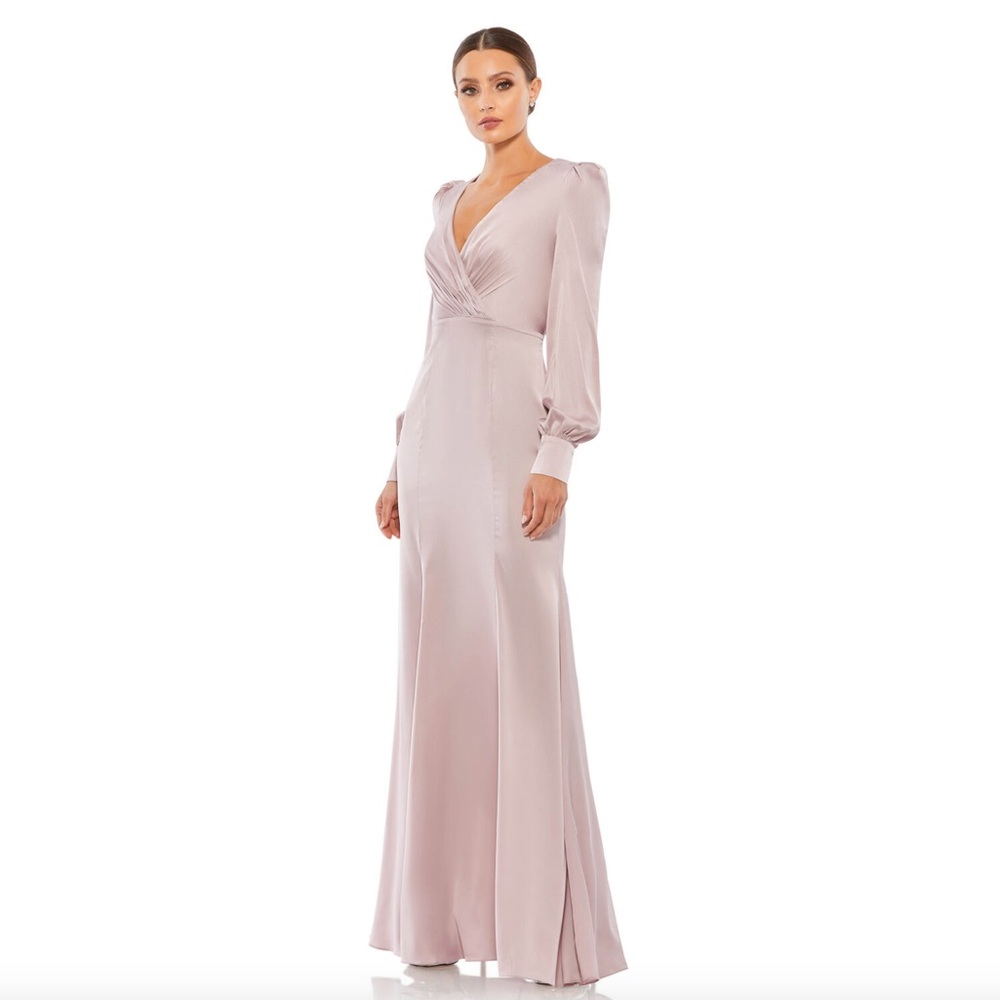 Mac Duggal Pink V-Neck Bishop Sleeve Gown